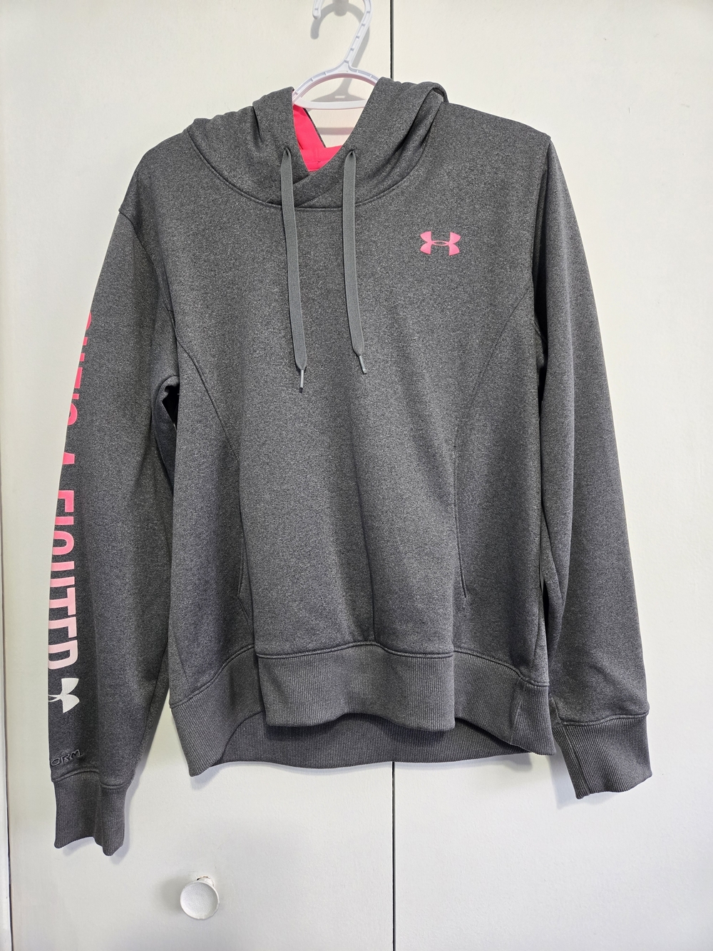 Under Armour Womens Large Gray Pink ColdGear Hoodie Sweatshirt Logo Sleeve
